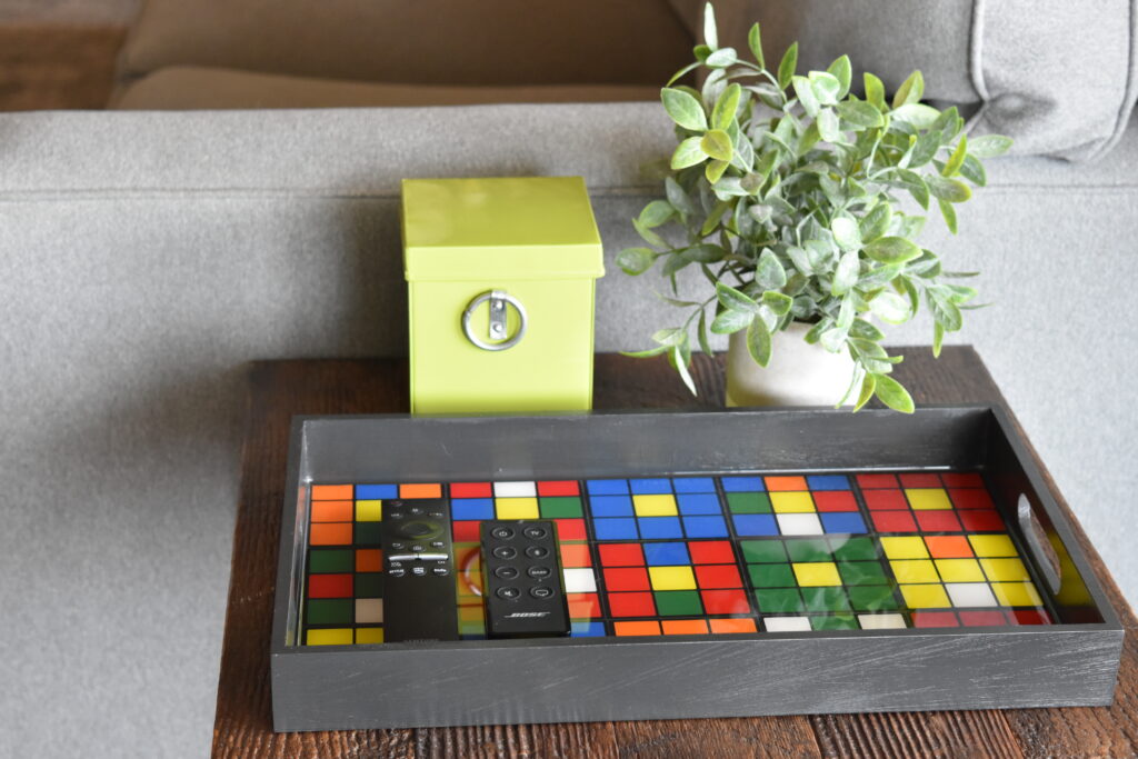 black tray with rubiks cube decoupage sealed with resin