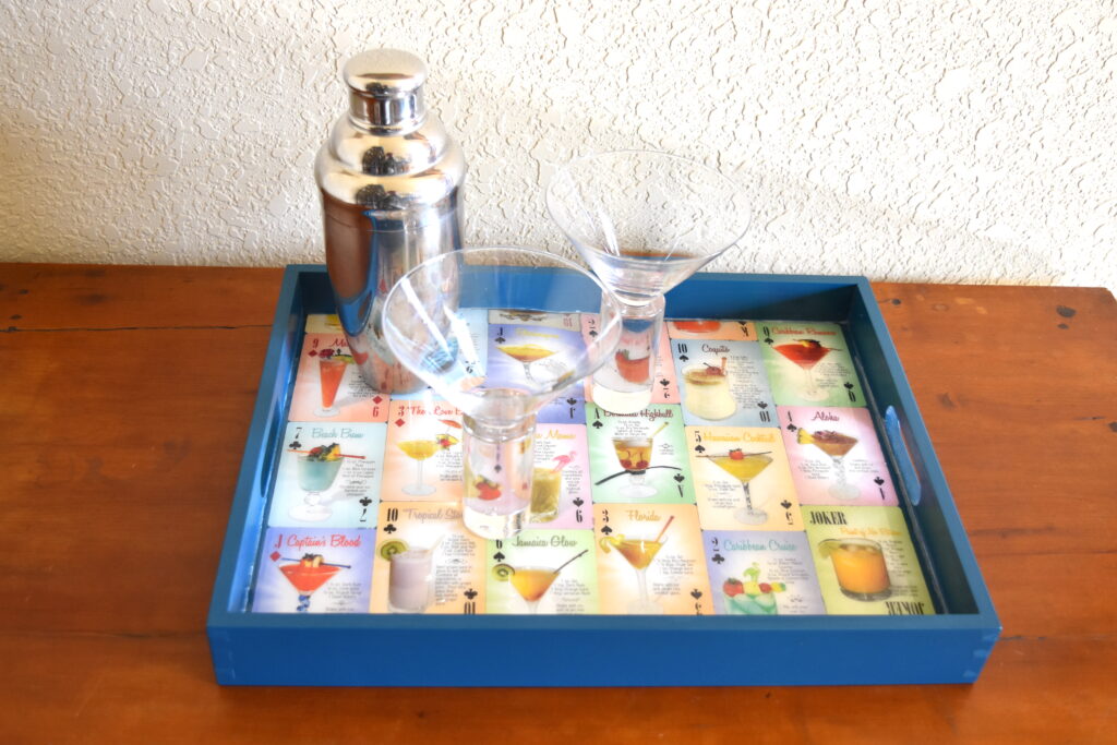 Resin paint and vintage playing cards cocktail tray